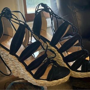 New Women’s Sz 7 Colin Stuart Black Suede Woven Espadrille Wedge Sandals Y2K Sho